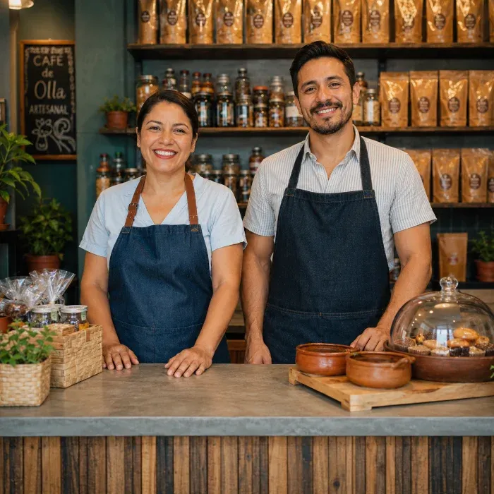 Dos propietarios sonrientes atendiendo su cafetería